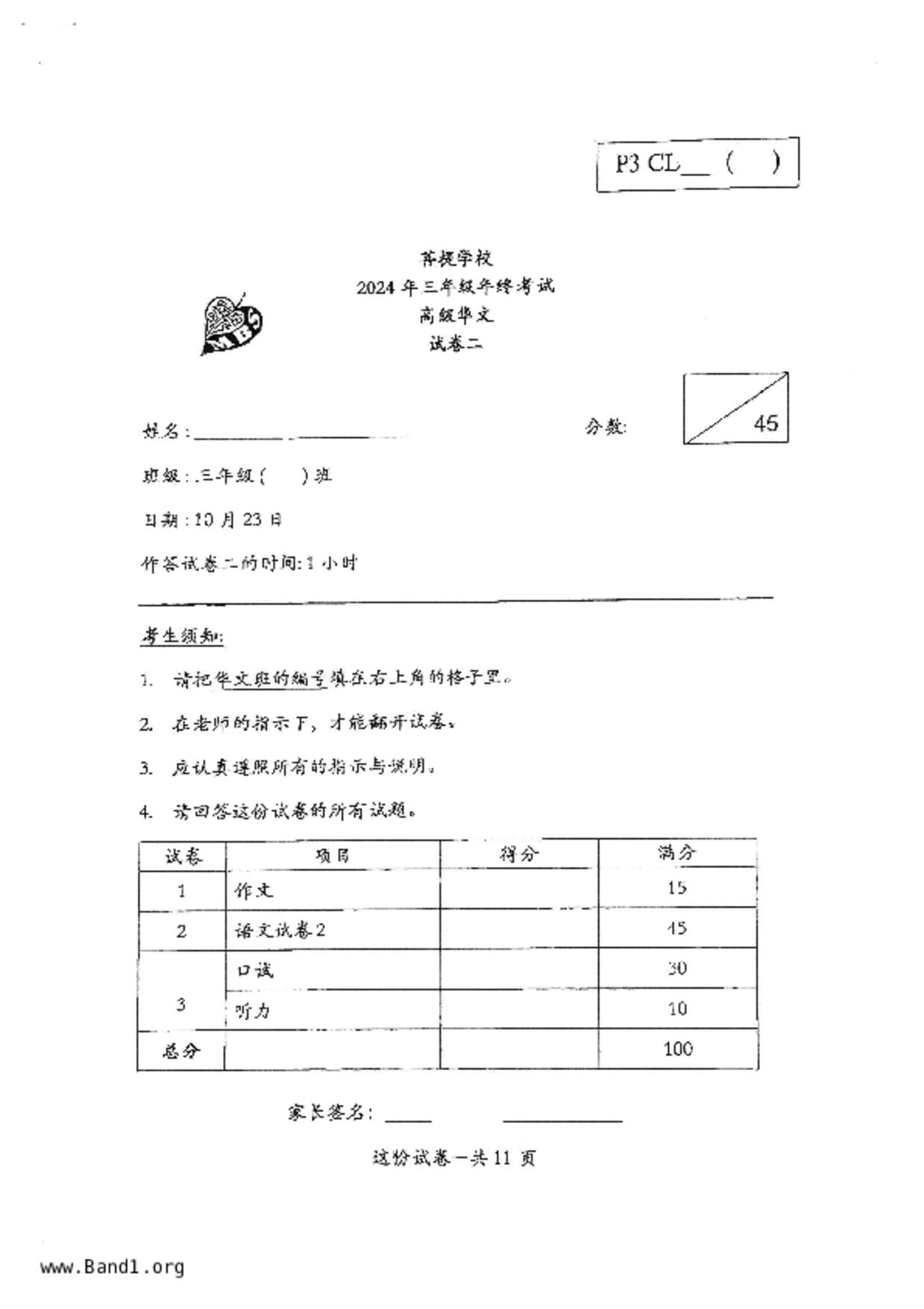 P3Chinese試卷