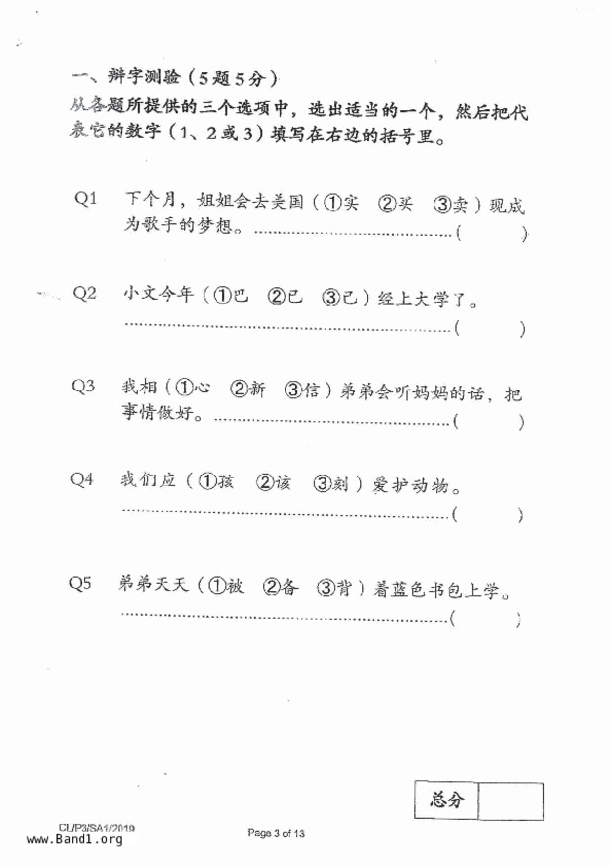 P3Chinese試卷