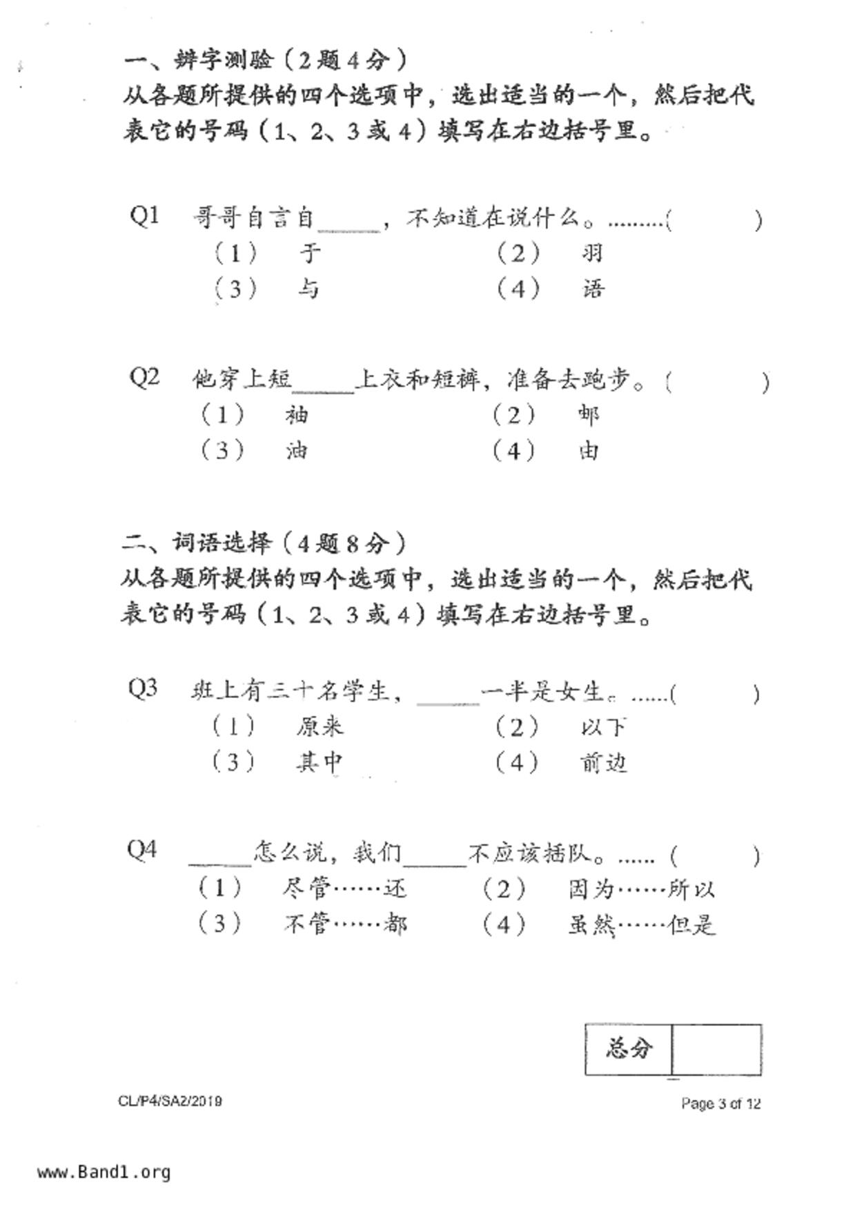 P4Chinese試卷