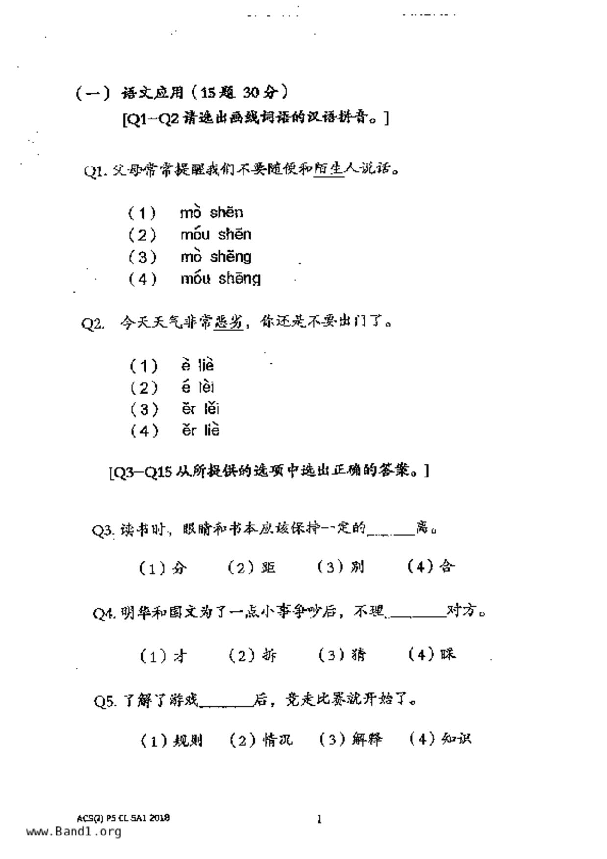 P5Chinese試卷